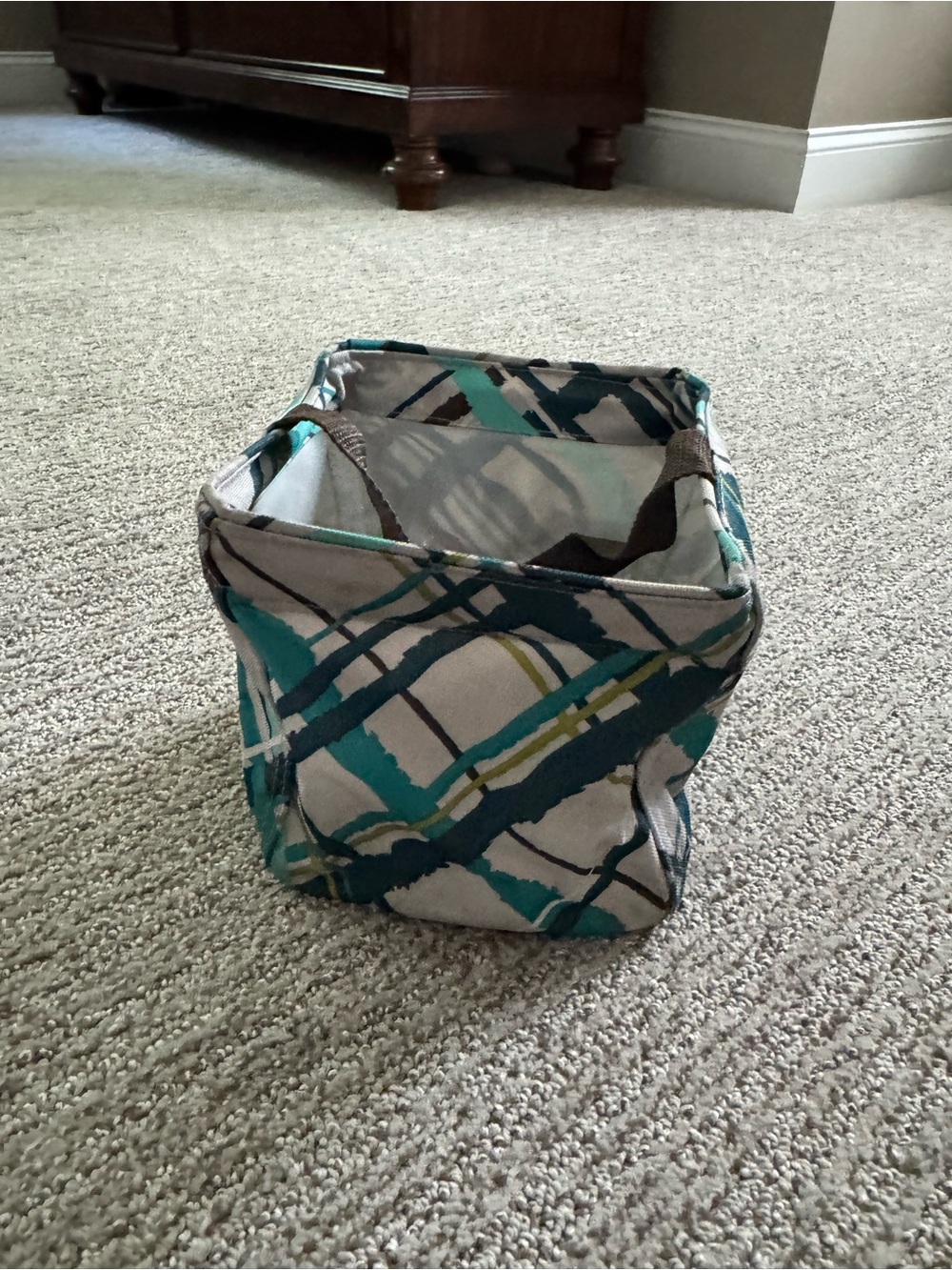 Thirty-One Canvas Storage Bin in Teal and Brown- Home Accents